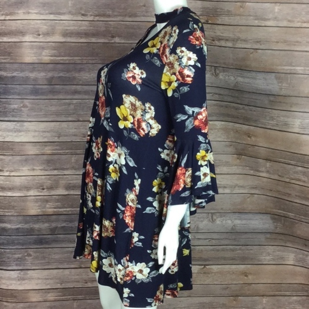 MTS Boho Dark floral choker mini dress ruffle sleeve Small pullover flowy - Picture 4 of 6
